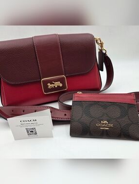 Coach Two-Tone Red & Burgundy Leather Shoulder Bag with Signature Wallet